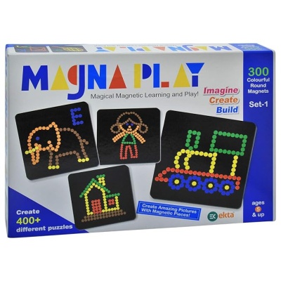 Magna Play Set-1 with Wooden Stand, 300 Colourful (Round) Magnets, Imagine/Create/Build, Learning and Play Multi Color